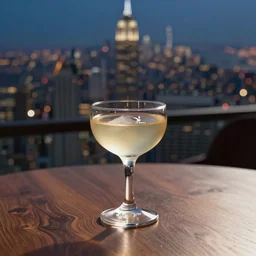 5 5 mm photo of best round cocktail glass on a wooden table with the new york city skyline in the background. dof. bokeh. magical atmosphere. highly detailed 8 k. intricate. lifelike. soft light. nikon d 8 5 0.