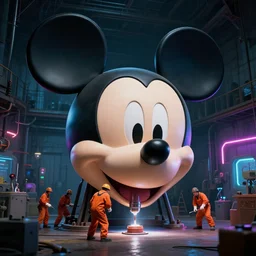 a enormous giant mickey mouse head being drilled by small workers wearing orange coveralls inside of a dark old warehouse, scientific experiment, netflix neon in the background, cinematic, art by beeple and wlop, digital art, trending on artstation