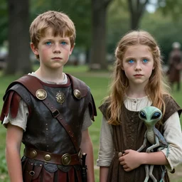 sharp, highly detailed, film from a 2 0 1 9 sci fi 8 k movie, time travelers appear in a park, a boy from the roman empire and a girl with her pet alien from 1 8 7 0, each wearing correct era clothes, atmospheric lighting, in focus, reflective eyes, 3 5 mm macro lens, nice composition