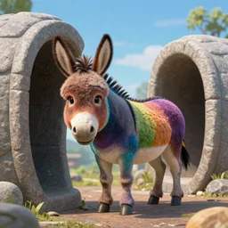 rainbow donkey with half of its head stuck in a portal and its other half is sticking out of another portal about 3 feet away, photorealistic