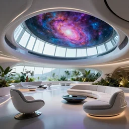 ultra modern concept design of a vast spaceship interior, futuristic chairs and sofas can be seen in the foreground, a large colorful nebula can be seen from a window, large plants in the background, in the style of Ricardo Bofill, wide angle shot