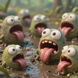 of a bright saturated muddy swamp with cute strange friendly creatures with huge eyes, big mouth, elongated tongue and square teeth appearing from the ground, in the style of arakowa, macro lens, shallow depth of field, highly detailed, digital painting, trending artstation, concept art, illustration, cinematic lighting, vibrant colors, photorealism, epic, octane render