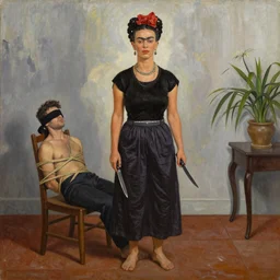 oil painting of Frida kahlo standing and holding a knife next to a blindfolded man tied to a chair