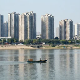 a man on a small boat on a river with highrise ancient city, neoclassical architecture, ancient high buildings, vertical classical temples