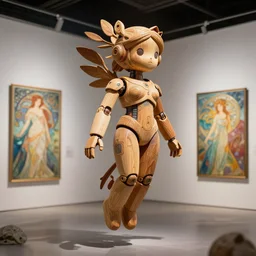 3 d octane render ultra photorealistic 8 k hyper detailed, a very very cute wooden mystical statue robot of the roman godess vegetal cyberpunk flying in the space intergalactic in a contemporary art gallery in neo tokyo artwork by alphonse mucha