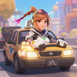 pharah from overwatch driving a taxi