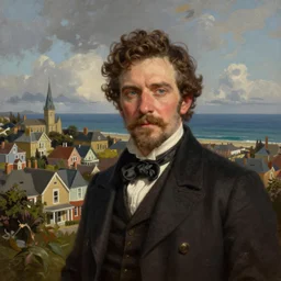 Portrait of a victorian town with the ocean visible in the background, victorian, highly detailed, cinematic lighting, digital art painting by greg rutkowski