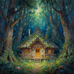 a cabin in a mystical forest filled with grand magic, illustration painting, oil on canvas, intricate, hd, digital art, overdetailed art, complementing colors, detailed, illustration painting by alex gray, digital art, moebius