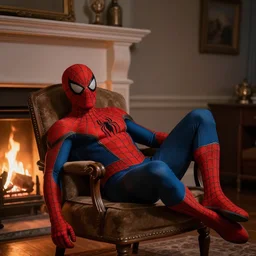 spiderman lies in a chair by the fireplace in the evening, realistic light, soft light, focus, depth of field, photorealism, 8 k quality, high quality, realistic style, old painting, classicism painting