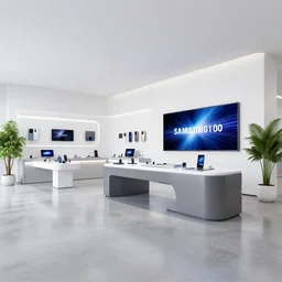 hyperdetailed samsung store, polished concrete, white walls, digital screens, curved furniture, plants. corona octane renderer.