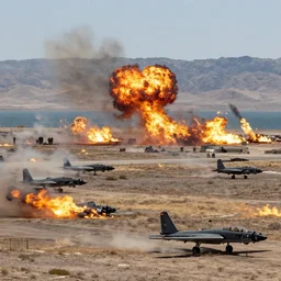 Military battle, big explosions in the background, Lake California, Battlefield, war-torn landscape, fire, USAF Bombers, military, Battlezone