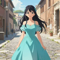 streets of ancient rome, anime girl wearing an intricate cyan dress, digital portrait by artgerm and makoto shinkai, huifeng huang, artstation