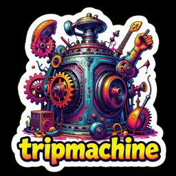 sticker of a rock band, name is tripmachine, on the sticker is a 3 d render of a huge futuristic steampunk generator with gears and trippy music instruments, 8 k, fluorescent colors, halluzinogenic, multicolored, exaggerated detailed, silk screen art