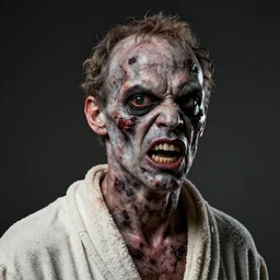 bill murray as angry zombie half body portrait, horror core, apocalyptic, bathrobe, dry - wounds, one eye hanging out, snarling, dramatic, sharp focus, fiction, hyper detailed, digital art, trending in artstation, cinematic lighting, studio quality, smooth render, unreal engine 5 rendered, octane rendered, art style and nixeu and wlop and krenz cushart