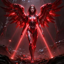cyberpunk female angel of death with glowing beams of red light, walking through thick some, lens flares, anatomical, symmetrical, insanely detailed, normal human eyes extremely detailed, full body image with detailed hands and legs, mystical, fantasy, ultra detailed
