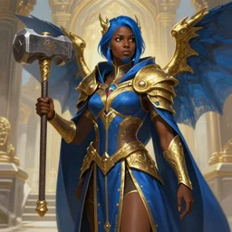 Picture of a female Cleric, black skin, blue short hair, short beard, dragon-inspired cloth robes, gold and blue, ornamental, hammer, wings, background depicting a temple, fantasy, dnd, d&d, sharp focus, smooth, illustration, digital painting, highly detailed, by Krenz Cushart, Artem Demura, alphonse mucha, artstation, cgsociety
