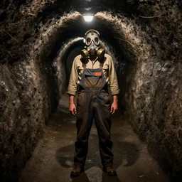 a man in overalls and a gas mask stands in the passage of the mine,