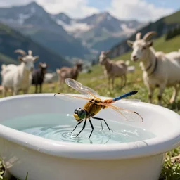 dragonfly in a bathtub in the alps, goats!!!!!!!! in background