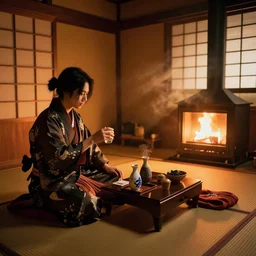 Sekiro drinking sake, using a kotatsu in an edo period hut, irori fireplace, godrays, warm lighting, 4k, DSLR photo