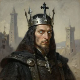 portrait of an undead emperor, he wears a crown of silver and obsidian, he resides in a dusty lonely tower, his eyes gleam with pale blue light, painting by greg rutkowski and gustave dore