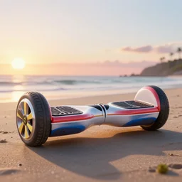 concpet art featuring a futuristic ferrari themed hoverboard. beach, sunset, surf. fine detail. this 4 k hd image is trending on artstation, featured on behance, well - rendered, extra crisp, features intricate detail, epic composition and the style of unreal engine.