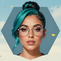portrait of beautiful dominican woman with dark turquoise hair with black roots in a bun, prominent brow, silver frame glasses, confetti in the sky on a hexagon shape, art by j scott campbell, vfx, sharp details