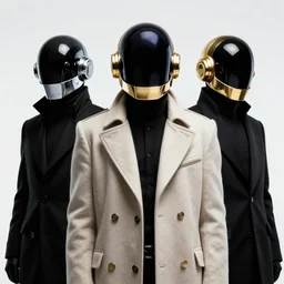 portrait of Daft Punk members in a long coat, elegant, intricate, headshot, highly detailed, digital painting, artstation, concept art, sharp focus, illustration, art by artgerm and greg rutkowski and alphonse mucha