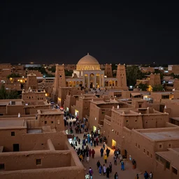 low angle in the middle of a adobe house kasbah town, mud and brick houses, merchant street, pueblo dense architecture, colorful crowd. Huge persian temple in a plaza, round roof. Scenic view at night, underexposed, clean horizon, matte painting by craig mullins and dan mumford, dark fantasy, style of game of thrones, concept art trending on artstation, 4k, insane details