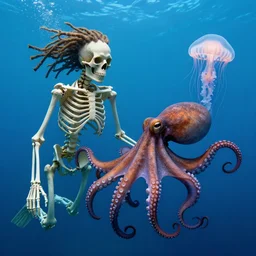 underwater photography of a human skeleton with dreadlocks in symbiosis with an octopus and a jellyfish, by amandine van ray and andreas franke and h. r. giger and andrew whem, digital illustration