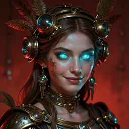 the goddess athena smirking, steampunk, glowing eyes, volumetric lights, red and cyan theme, art nouveau botanicals, intricate, highly detailed, digital painting, artstation, concept art, smooth, sharp focus, cinematic, illustration, beautiful face, by shaun tan