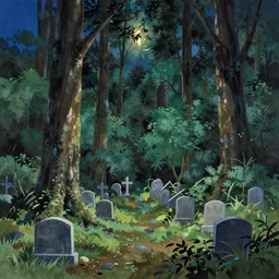 traditional gouache watercolor painting of deep forest landscape graveyard with backlighting at night by makoto shinkai miyazaki