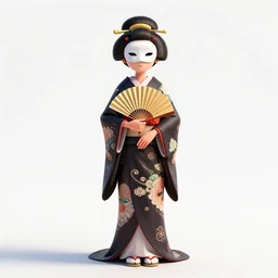 masked geisha with fan, stylized pixar-style 3d render, full body, standing, isolated on a pure white background, centered, whole figure in frame, sharp focus, studio lighting