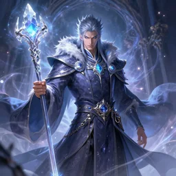 a powerful male mage holding a staff made of crystal, magical aura, in the style of artgerm, charlie bowater, artstation, 4 k, 8 k, hyper detailed, intrinsic design
