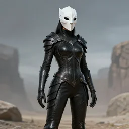 female adventurer in tight full - body ebony leather armor of dunmer design with white porcelain crow mask, trending in artstation, establishing shot