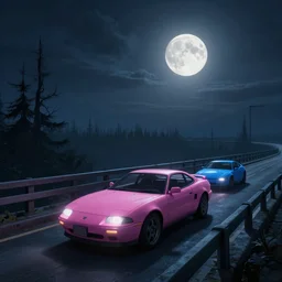 pink or blue car on a bridge at midnight, full moon, SOMA game style, horror