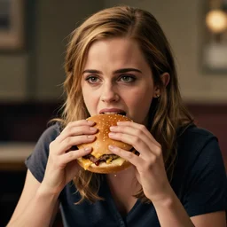 Emma Watson eating a cheeseburger, photo realistic, award-winning, highly-detailed, epic, cinematic, dramatic