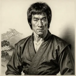engraving portrait of bruce lee in japanese ninja outfit by albrecht durer