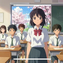 high school classroom scene spring setting, expert high detail concept art, perfect proportions defined faces, vivid colors, sharp focus, high contrast, realistic shaded lighting poster kazue kato, makoto shinkai, loish and clamp style, expert artist, best selling