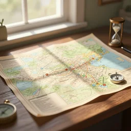 big old fictional paper map with a handwritten markers on a table near window with a sunlight pouring through and creating soft shadows over map, compass and hourglass on map, bokeh, focus on map, artstation, digital art