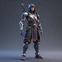 full body front view portrait of natural, bio - mechanical ninja samurai, character design, made in blender, octane render, ray tracing, ultra detailed, fantasy, neon lighting, posing,
