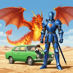 dragon fire vs blue armor knight shield, green car hatchback, desert landscape, greg manchess, akehiko inoue and ross tran, greg rutkowski, alphonse mucha, D&D, fantasy, action