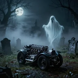 Spooky cemetery at night, foggy, ghost roaming the area, Octane engine, 8k, photo realistic, hyperdetailed, atmospheric