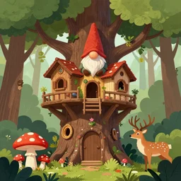 a gnome treehouse surrounded by trees and red mushrooms with a deer digital art