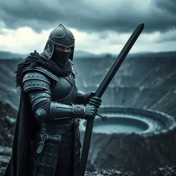 badass epic photograph of a man clad in black metallic medieval armor holding a black metal sword, background of a nuclear crater filled with water, dramatic lighting, film still, stormy weather, raining