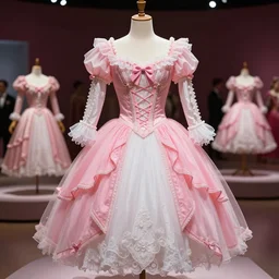 the film still photographed image is of a pink and white fancy ballroom costume ensemble from the 1 9 9 0 s. the ensemble is inspired by psyche, and is featured in a museum. vibrant cinematography, anamorphic lenses, upscale, hyper realistic photo, crisp, detailed image in 8 k resolution.