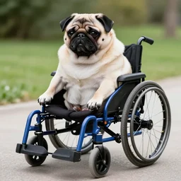 a morbidly obese pug riding a turbo boosted wheelchair, high resolution photo
