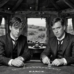 a scene from peaky blinders, medium shot, cillian murphy and tom hardy, sharp eyes, serious expressions, detailed and symmetric faces, black and white, playing poker in an abandoned hut, epic photo by talented photographer ansel adams