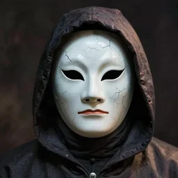 a hooded man in a cracked porcelain mask, junji ito,