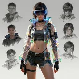 A female cyberpunk character concept art from Cyberpunk 2077, futuristic be goggles, transparent rain jacket, torn shorts, by Stanley Artgerm Lau, WLOP, Rossdraws, James Jean, Andrei Riabovitchev, Marc Simonetti, and Sakimichan, trending on artstation