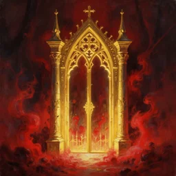 a painting of a golden glowing goth gate surrounded by red smoke, a detailed matte painting by li shida, pixiv contest winner, fantasy art, matte painting, matte drawing, hellish background